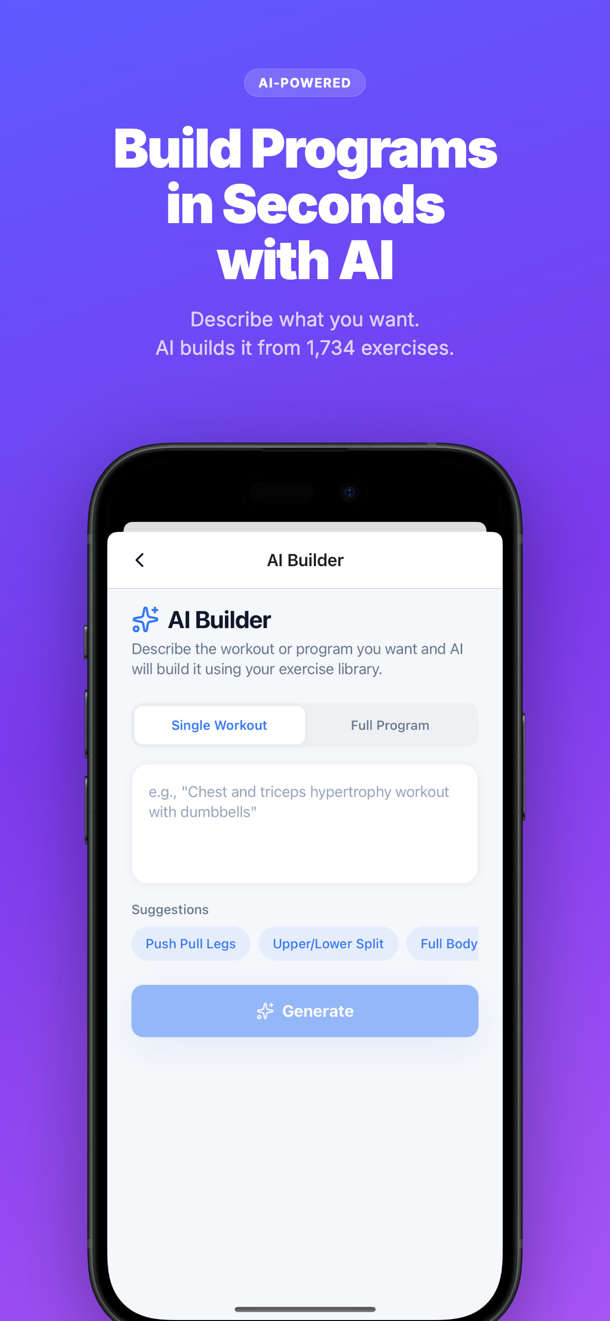 FirstRep AI Workout Builder showing a generated hypertrophy program with exercise selection, sets, reps, and video demos