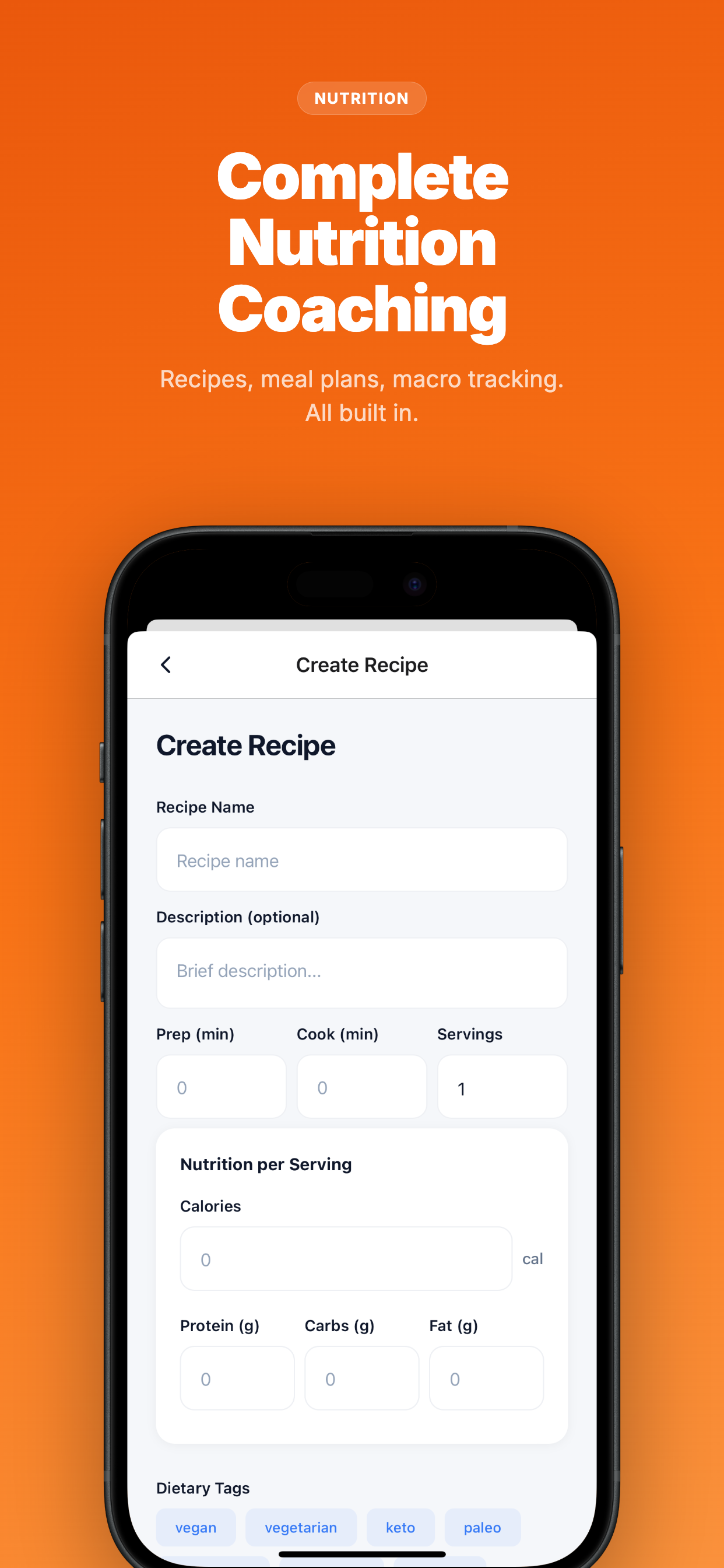 FirstRep nutrition tracking with macro targets, food logging, and AI-generated recipes